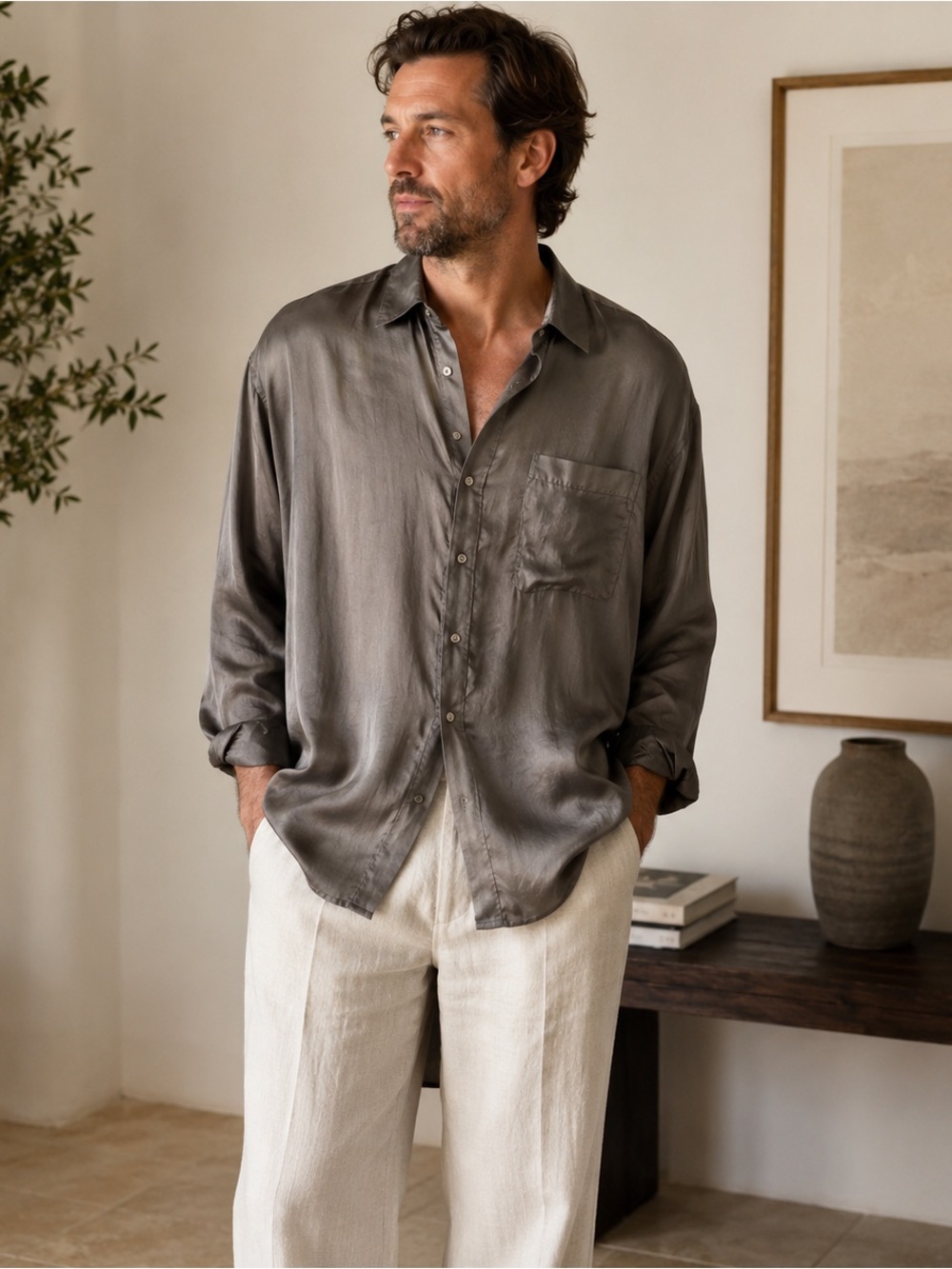 Italy Men’s L 100% Silk Archive Designer Style U2 Shirt Taupe Gray Long Sleeve